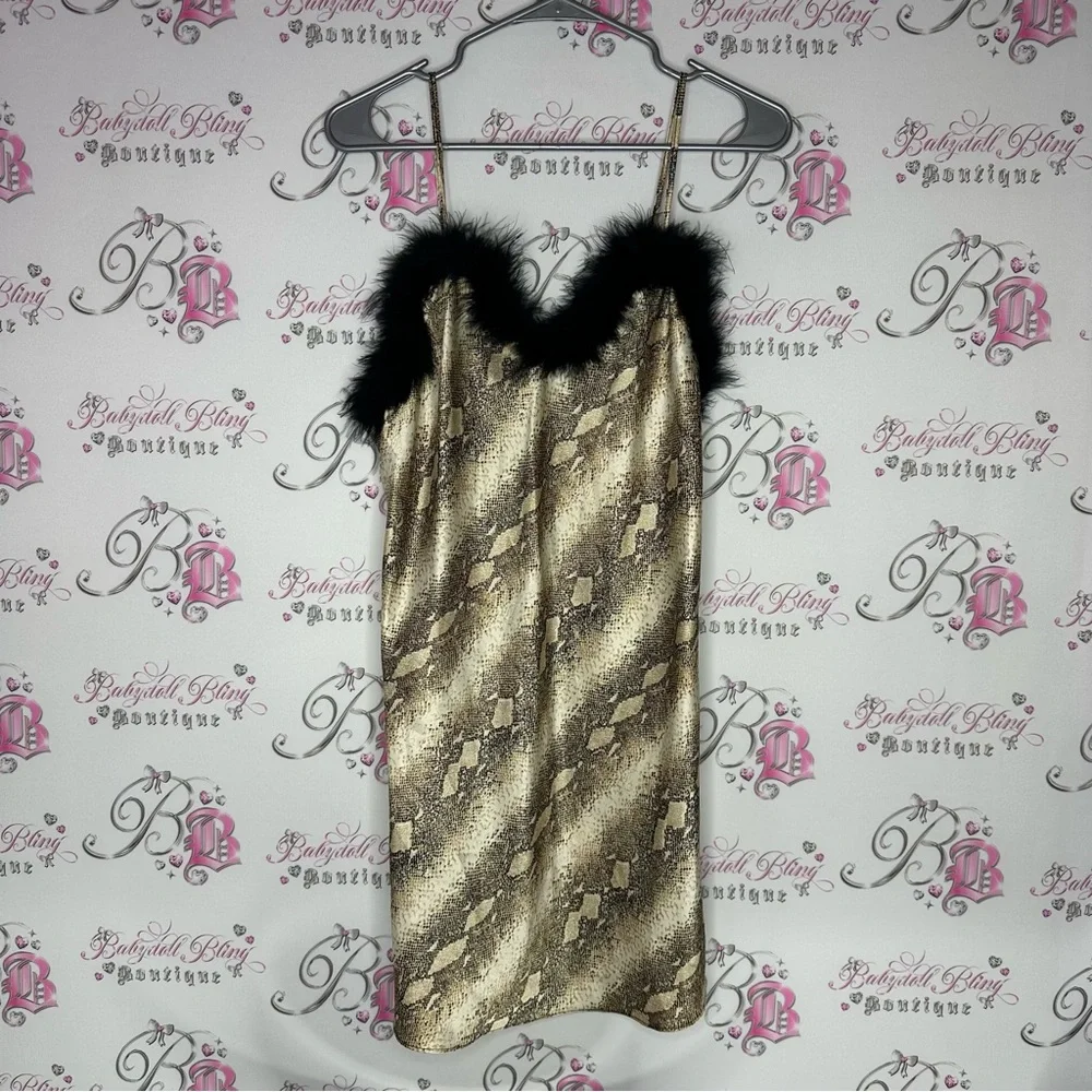 Cinema exoile fur Snake Print Dress Black Fur Trim furry feathers - Picture 4 of 6